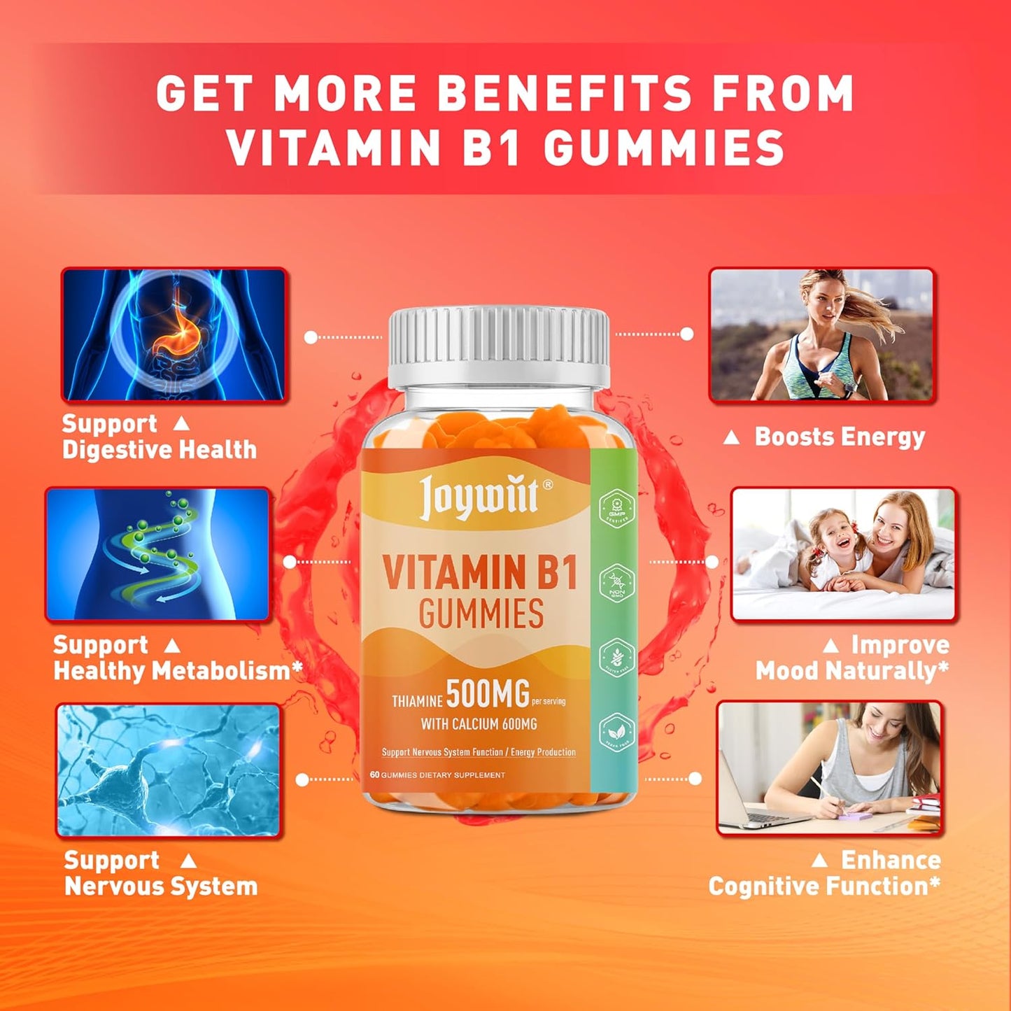 Vegan Joywiit Vitamin B1 Gummies 500mg with Calcium Citrate, Chewable Thiamine B1 Supplement for Adults, Natural Orange Flavor, Supports Nervous System