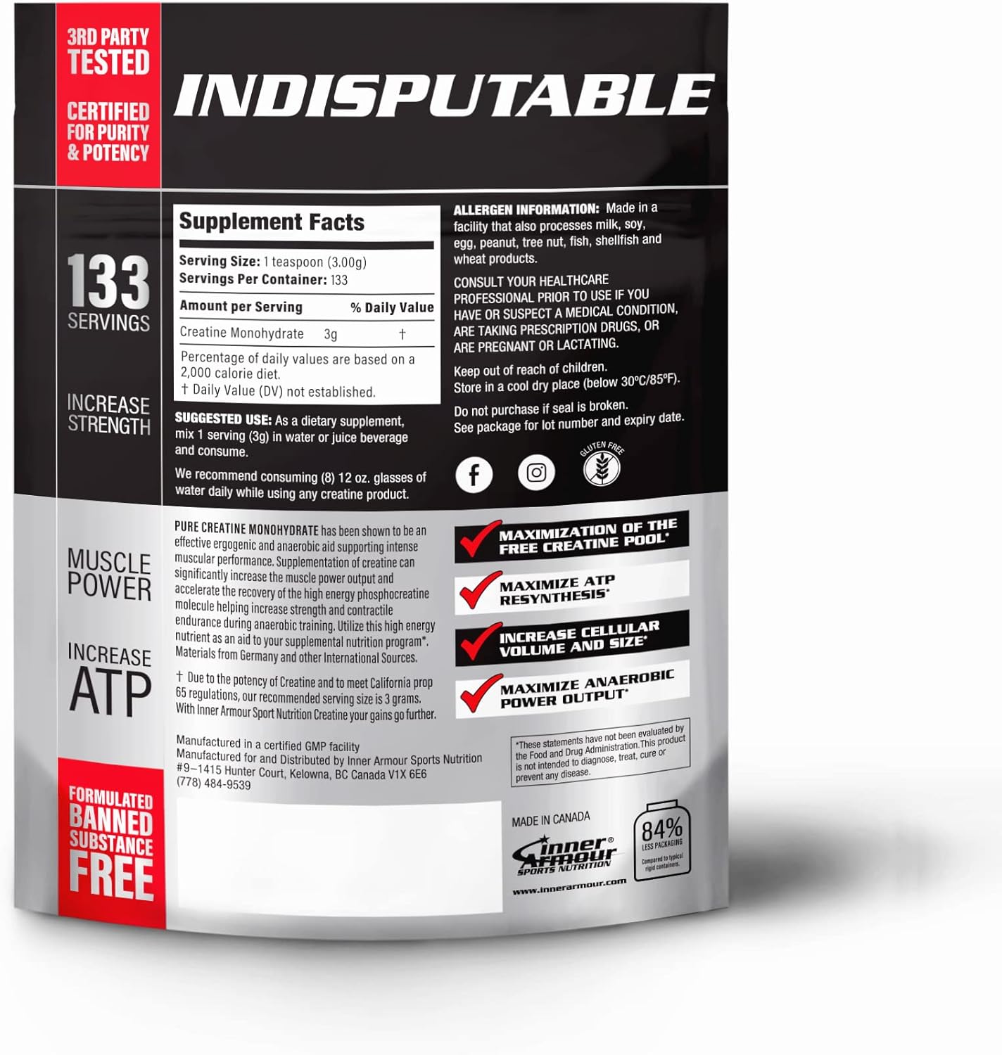 Vegan Keto-Friendly Creatine Monohydrate Powder for Muscle Strength & Endurance - Fast Dissolving - 400g - 133 Servings