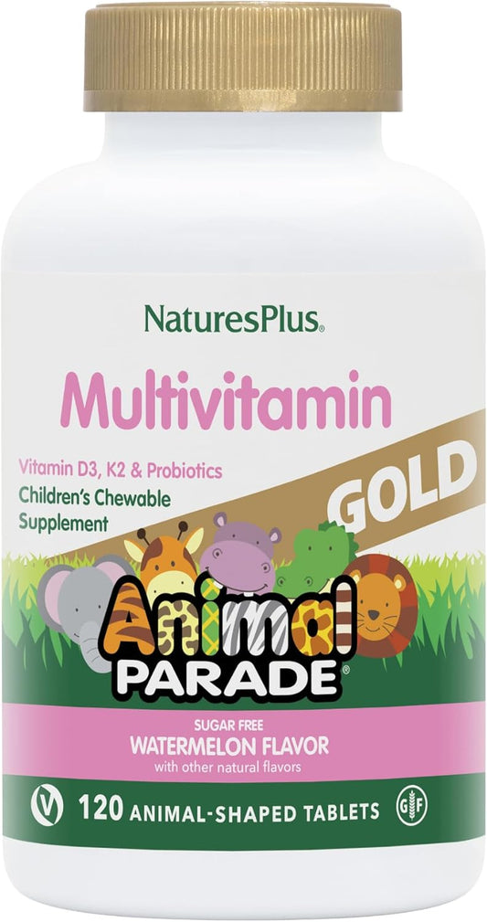 Vegan Kids Multivitamin Chewables with Vitamin D3, K2, Probiotics - Watermelon Flavor - 120 Animal-Shaped Tablets - Gluten Free - Natures Plus