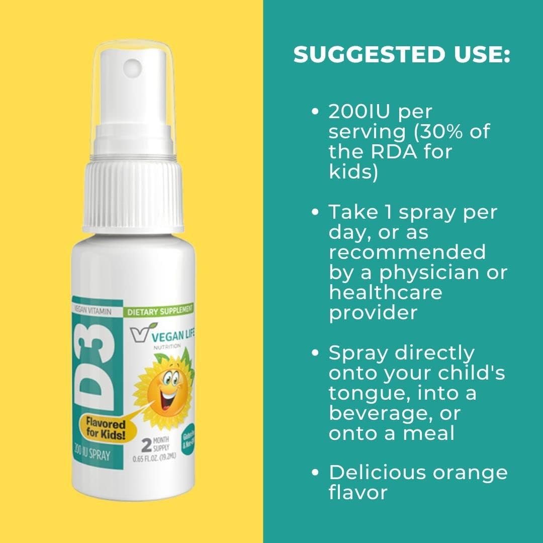 Vegan Kids Vitamin D3 Spray - Orange Flavor, Gluten-Free, Non-GMO - Bone Health and Immune Support - 0.65 fl oz