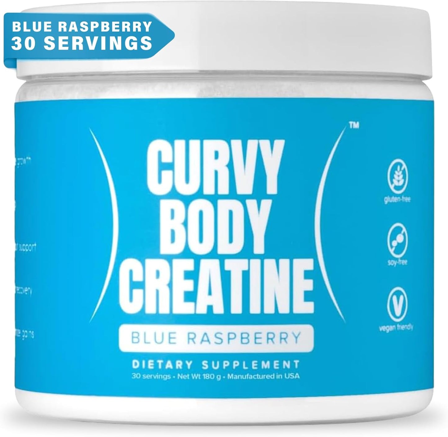 Vegan Kosher Blue Raspberry Curvy Body Creatine Monohydrate Powder 180g - Workout Support - 30 Servings
