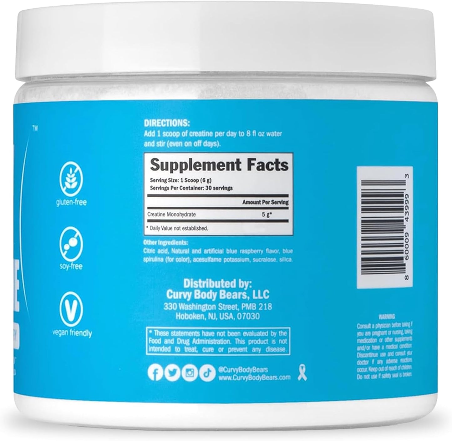Vegan Kosher Blue Raspberry Curvy Body Creatine Monohydrate Powder 180g - Workout Support - 30 Servings