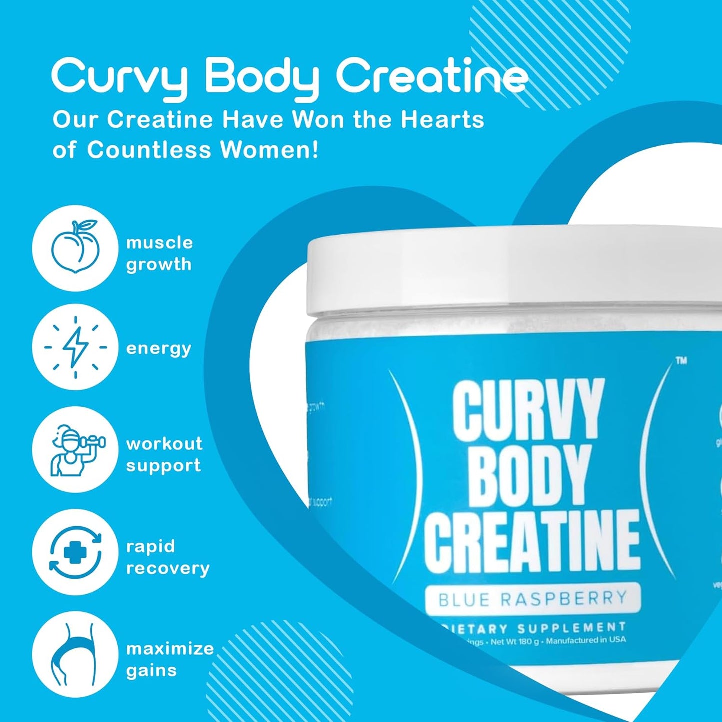 Vegan Kosher Blue Raspberry Curvy Body Creatine Monohydrate Powder 180g - Workout Support - 30 Servings