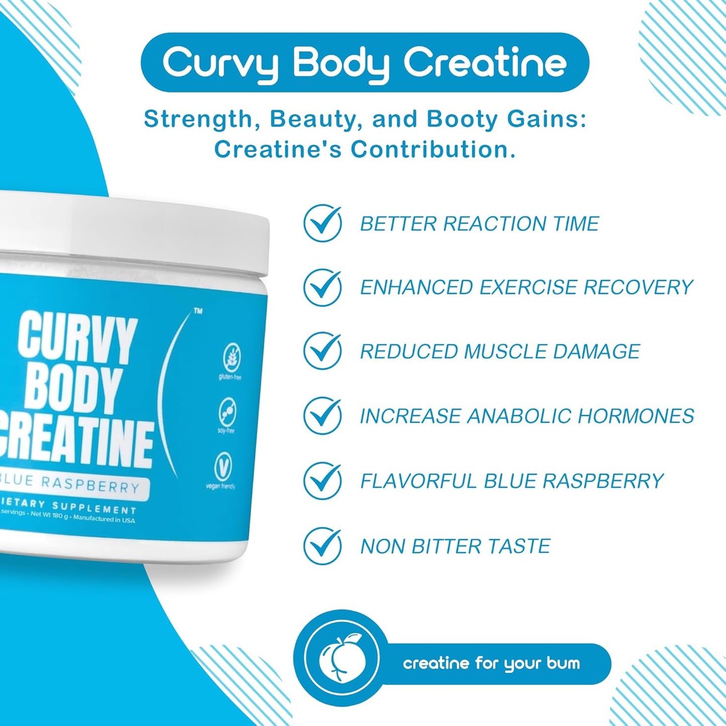 Vegan Kosher Blue Raspberry Curvy Body Creatine Monohydrate Powder 180g - Workout Support - 30 Servings