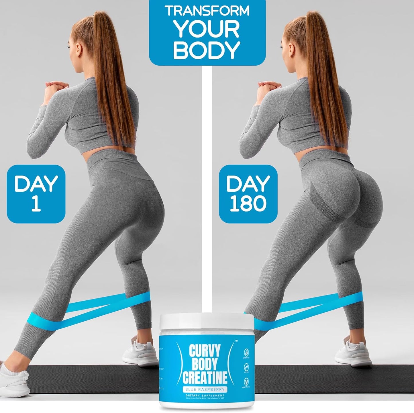 Vegan Kosher Blue Raspberry Curvy Body Creatine Monohydrate Powder 180g - Workout Support - 30 Servings