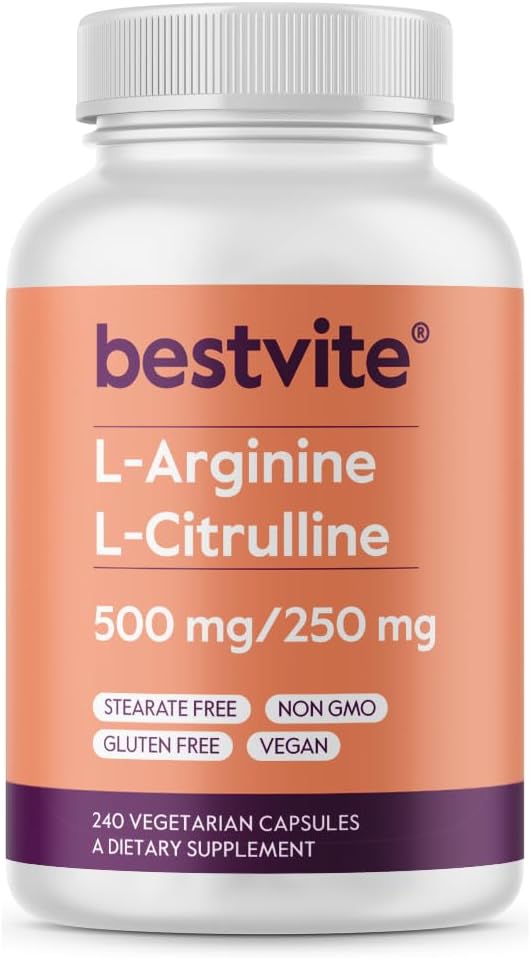 Vegan L-Arginine L-Citrulline Capsules 500mg/250mg (240 Vegetarian) - Non-GMO, Gluten-Free - No Fillers, Bestvite