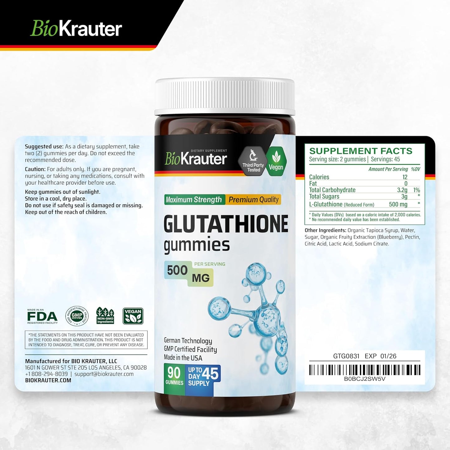Vegan L-Glutathione Gummies - 500 mg - 90 Chews - Liver Detox, Immune & Skin Support - Antioxidant Supplement