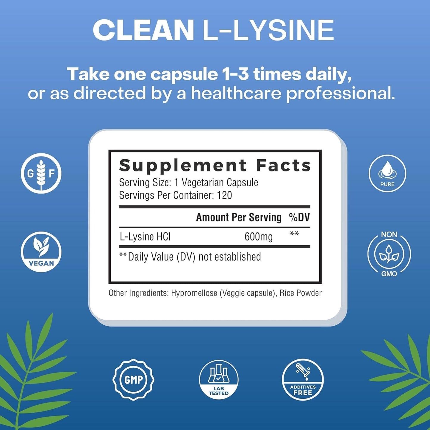 Vegan L-Lysine 600mg Capsules - 120 Count | Non-GMO & Gluten-Free by Natural Cure Labs