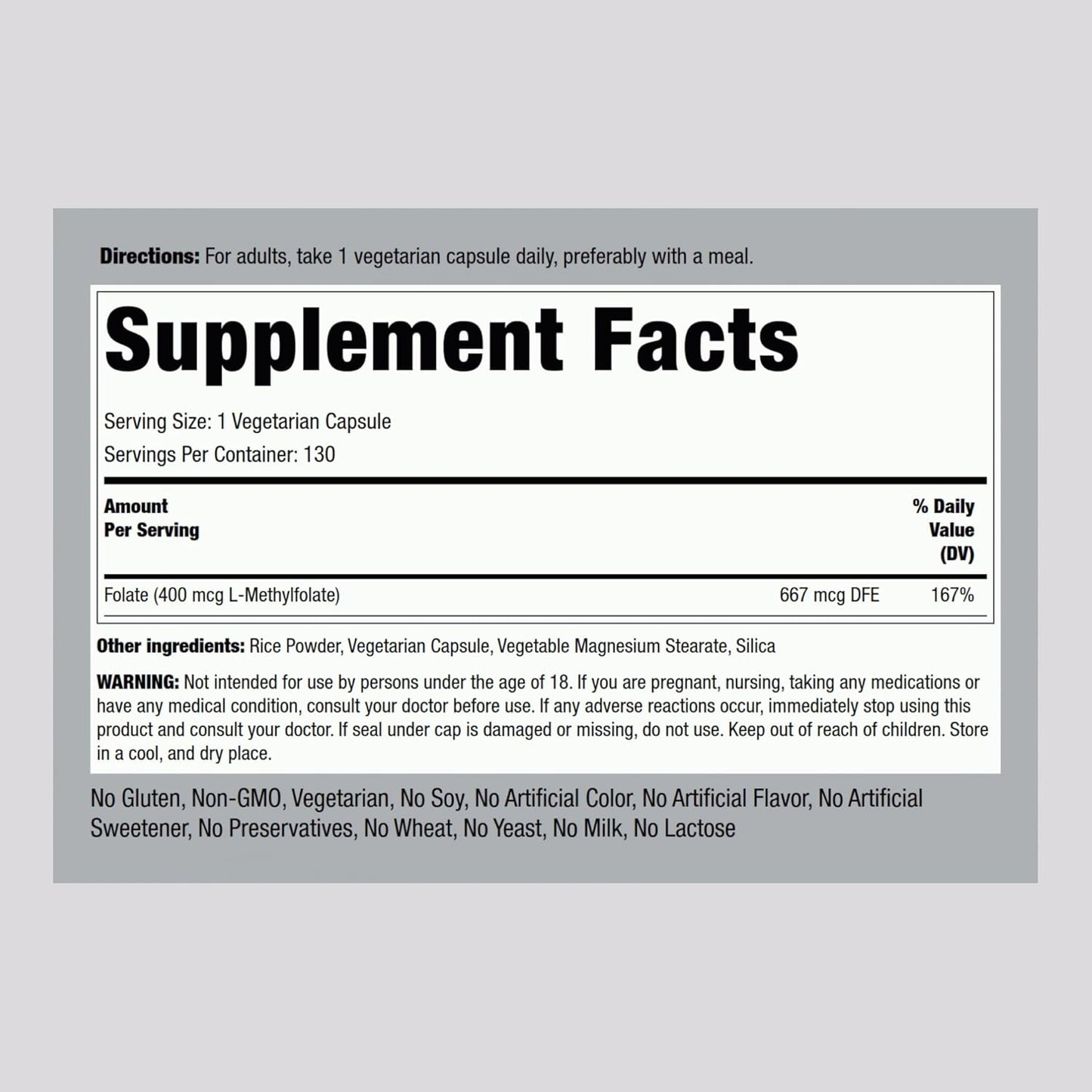 Vegan L MethylFolate Supplement | 400 mcg | 130 Capsules | Vegetarian | Non-GMO, Gluten Free