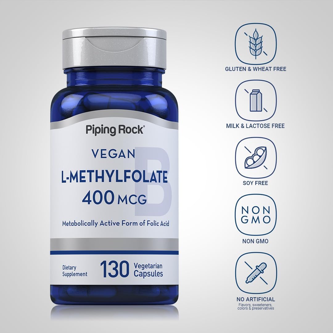 Vegan L MethylFolate Supplement | 400 mcg | 130 Capsules | Vegetarian | Non-GMO, Gluten Free