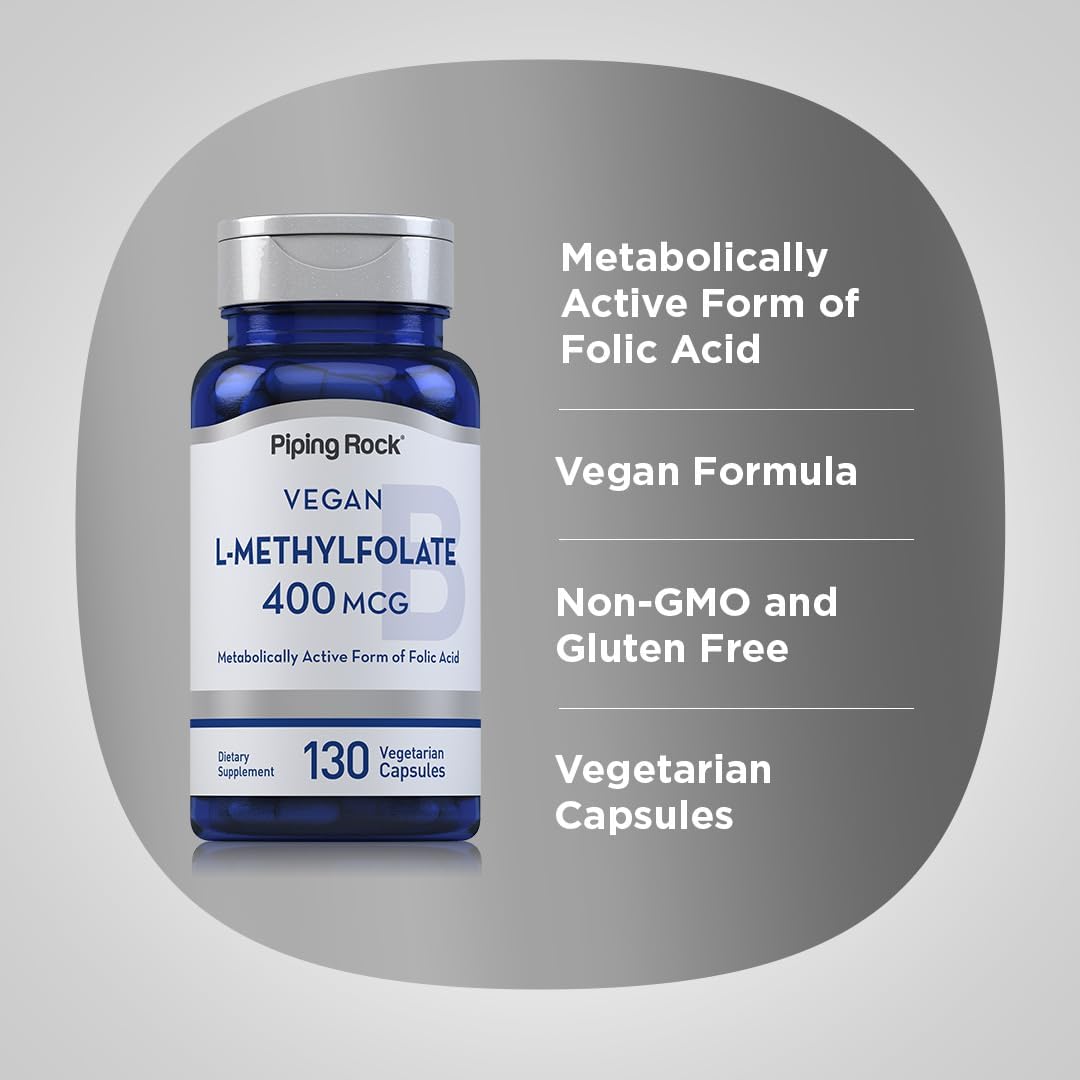 Vegan L MethylFolate Supplement | 400 mcg | 130 Capsules | Vegetarian | Non-GMO, Gluten Free
