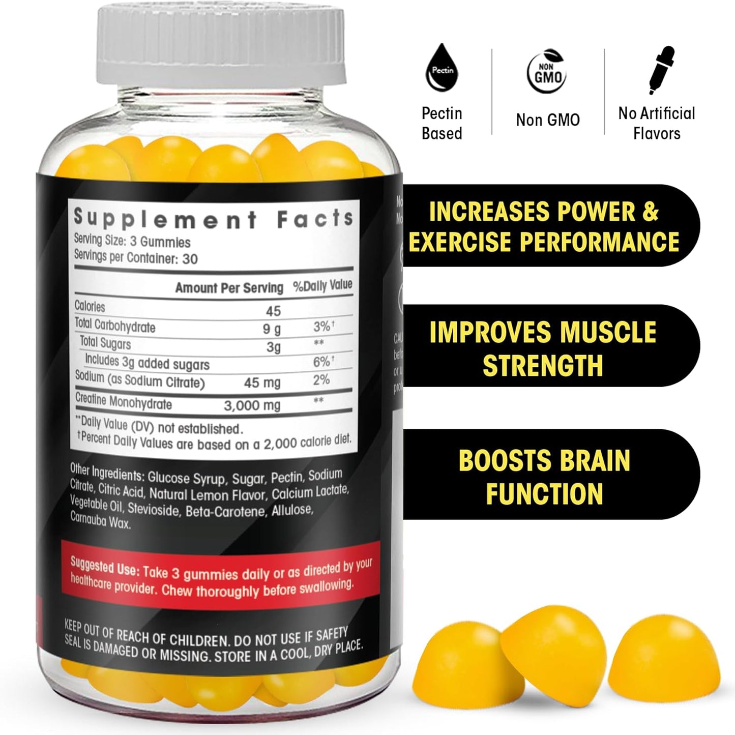 Vegan Lemon Flavored Creatine Gummy Chews for Energy Boost - 90 Count - Non-GMO Muscle Building Supplement