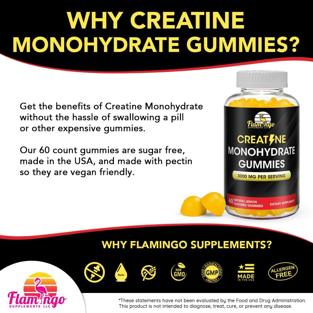 Vegan Lemon Flavored Creatine Gummy Chews for Energy Boost - 90 Count - Non-GMO Muscle Building Supplement