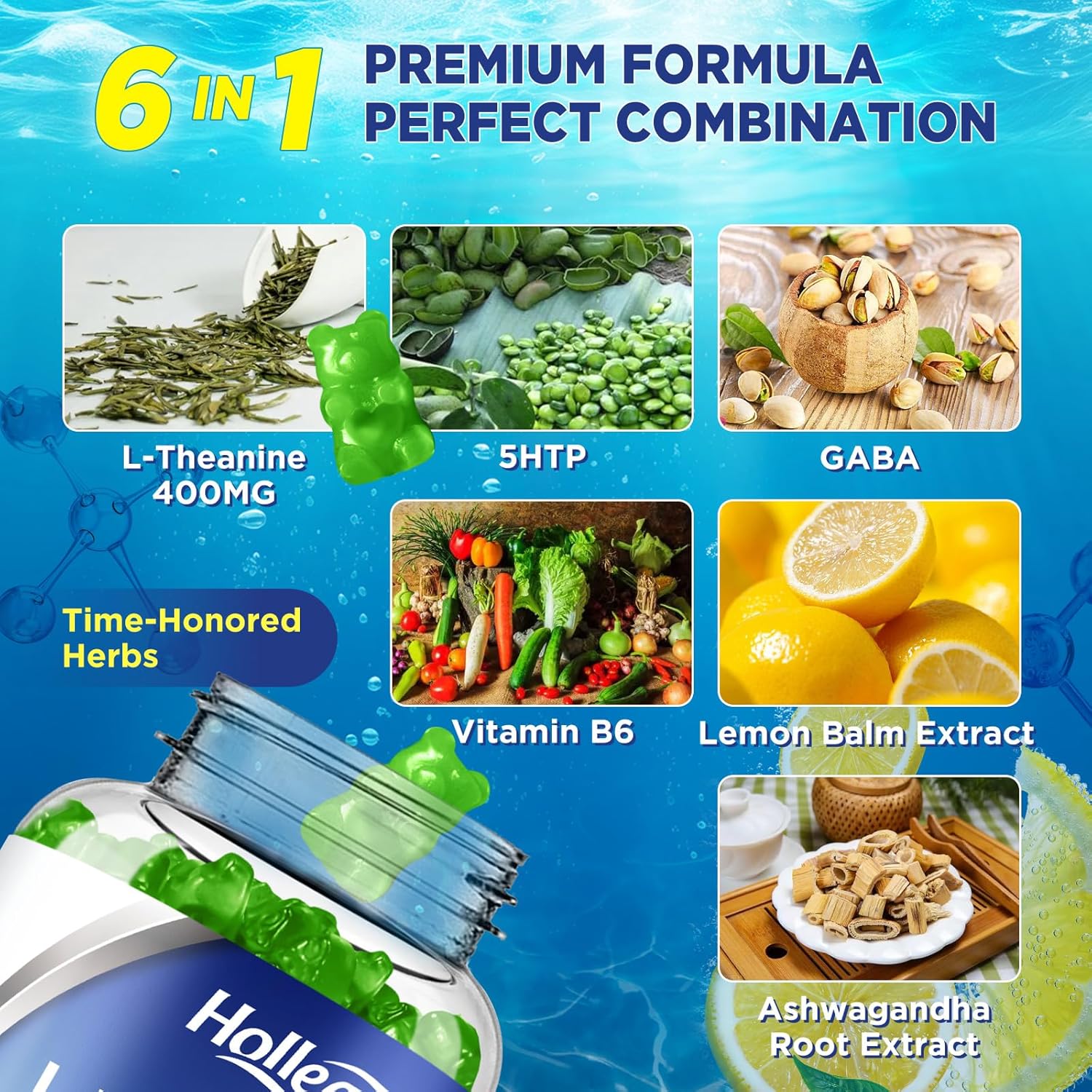 Vegan Lemon Flavored L-Theanine Gummies with Ashwagandha and GABA for Relaxation, Sleep, and Focus Support - 120 Count