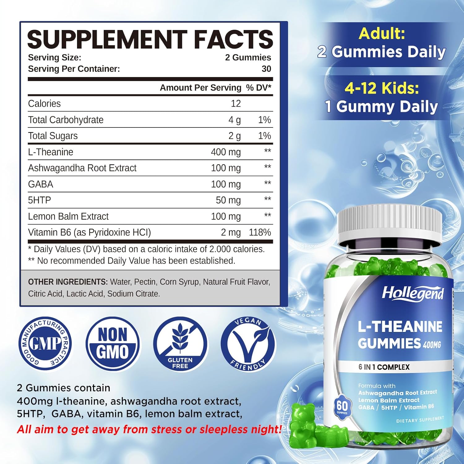 Vegan Lemon Flavored L-Theanine Gummies with Ashwagandha and GABA for Relaxation, Sleep, and Focus Support - 120 Count