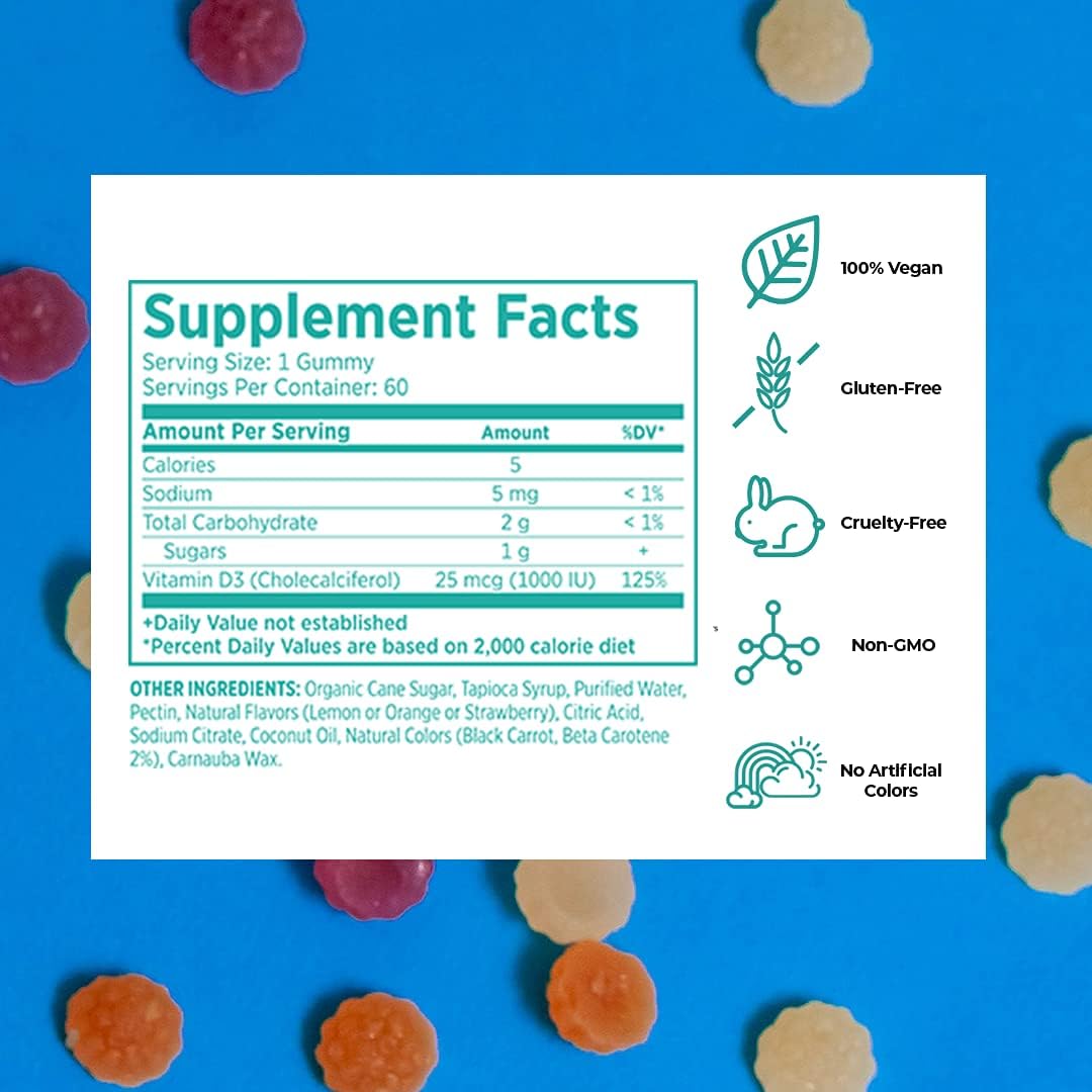 Vegan Life Nutrition Vitamin D3 Gummies - 1000 IU - Gluten-Free, Non-GMO - Bone Health & Immune Support - 60 Gummies