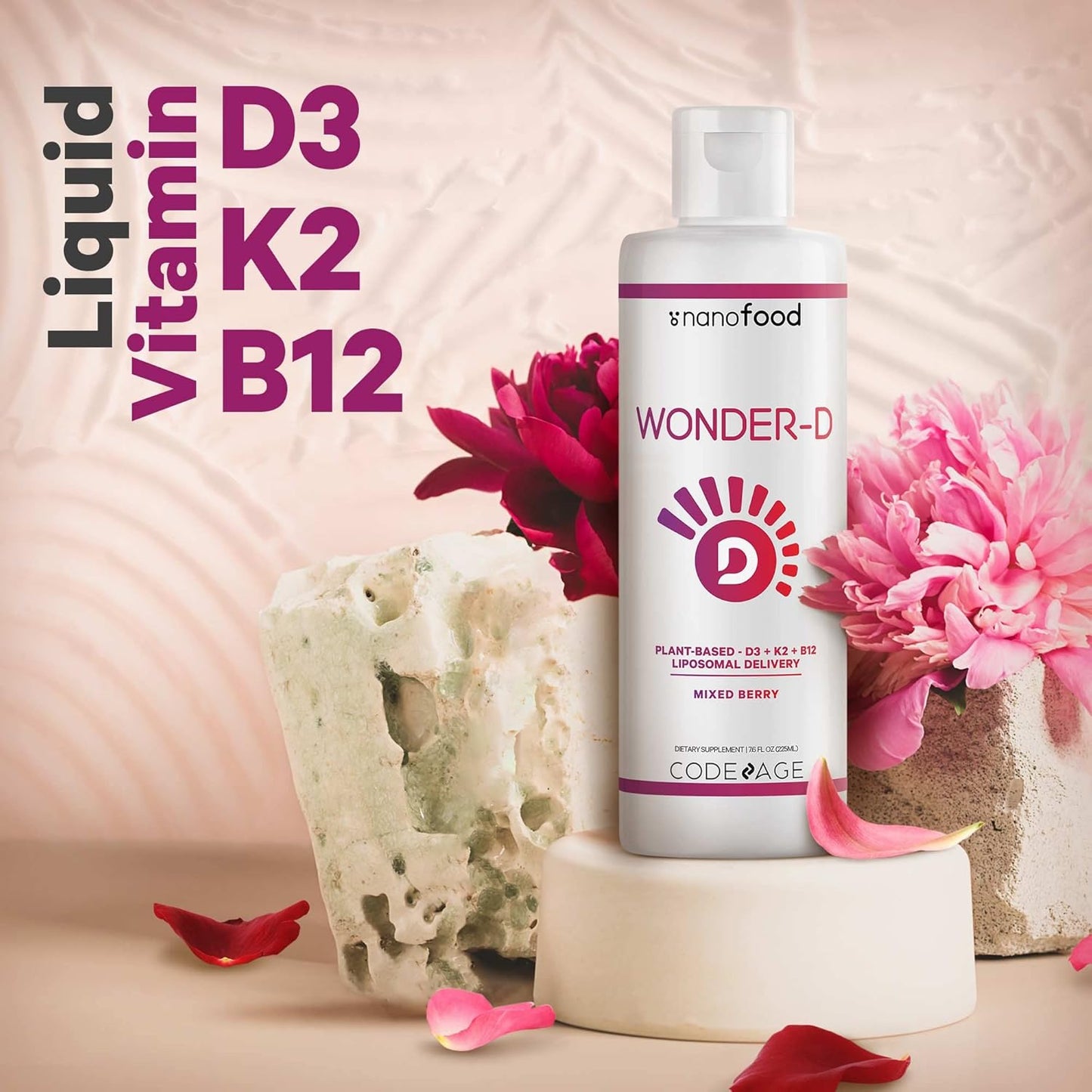 Vegan Liposomal Wonder-D Liquid Drops with Vitamin D3, B12, and K2 - Non-GMO Plant-Based Supplement with Sunflower Phospholipids and Vitamin E