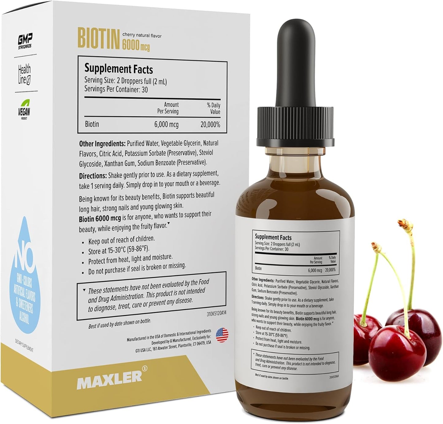 Vegan Liquid Biotin Drops for Hair, Skin, and Nails - 6000mcg per Serving - Cherry Flavor - Biotin Supplement for Metabolism of Nutrients