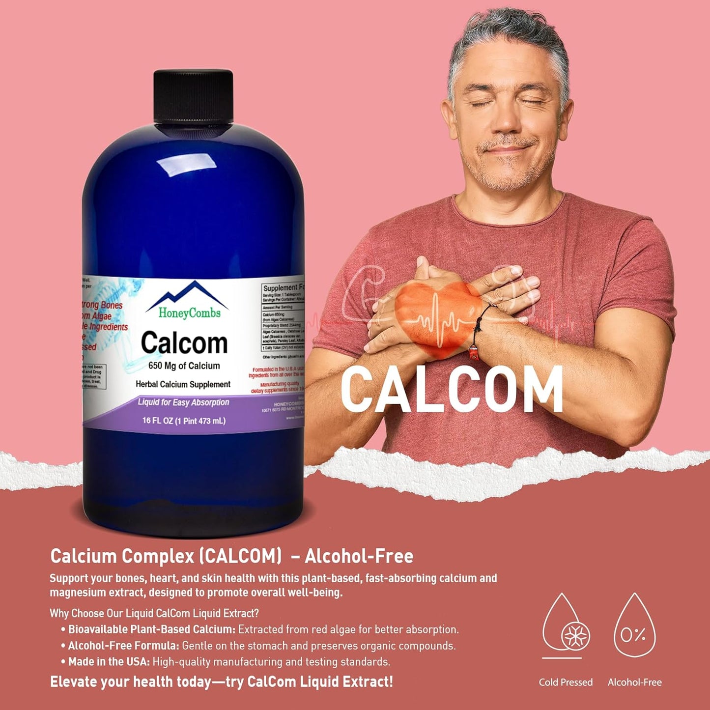 Vegan Liquid Calcium Supplement with Magnesium and Amino Acids for Bones and Teeth - Alcohol-Free 16 Oz Calcium Drops - Herbal Blend HoneyCombs Calcom Calcium Complex
