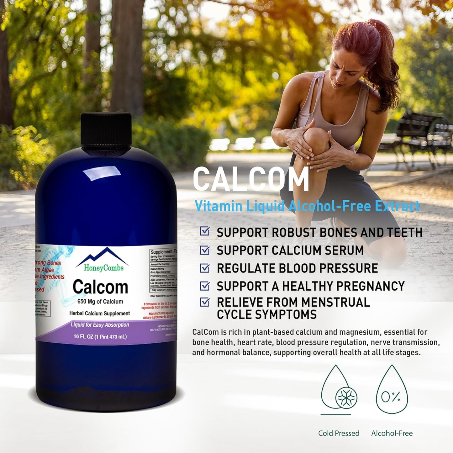 Vegan Liquid Calcium Supplement with Magnesium and Amino Acids for Bones and Teeth - Alcohol-Free 16 Oz Calcium Drops - Herbal Blend HoneyCombs Calcom Calcium Complex