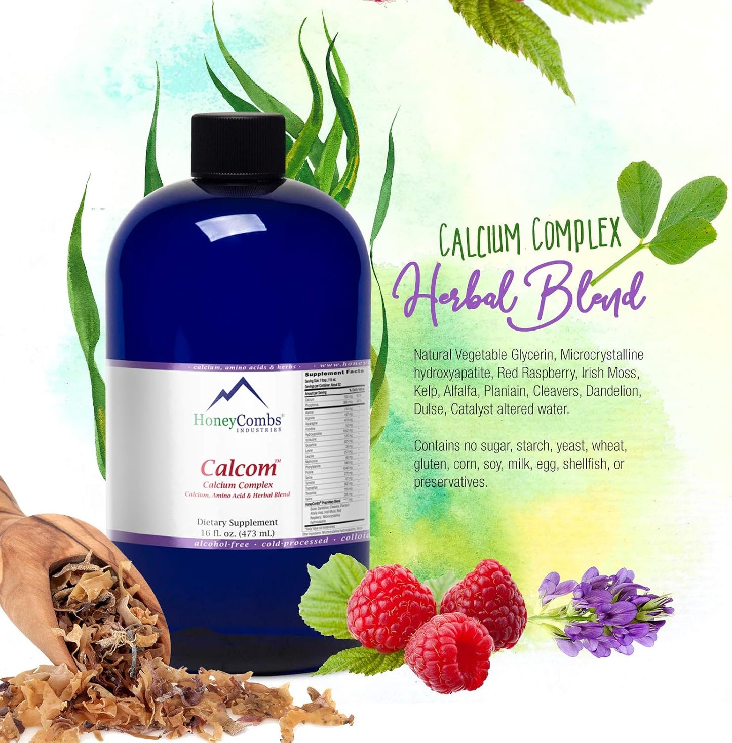 Vegan Liquid Calcium Supplement with Magnesium and Amino Acids for Bones and Teeth - Alcohol-Free 16 Oz Calcium Drops - Herbal Blend HoneyCombs Calcom Calcium Complex