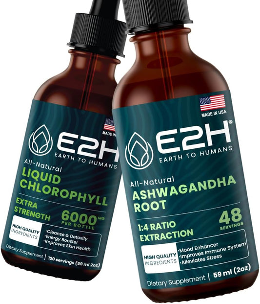 Vegan Liquid Chlorophyll and Ashwagandha Drops Bundle - 2 Fl Oz Each (4 Fl Oz Total) - Non-GMO, Earth to Humans
