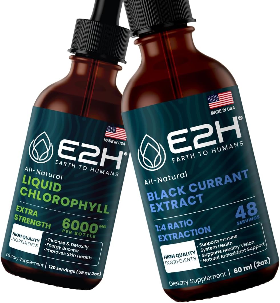 Vegan Liquid Chlorophyll & Black Currant Extract Bundle - E2H Earth to Humans - 4 Fl Oz Total - Non-GMO