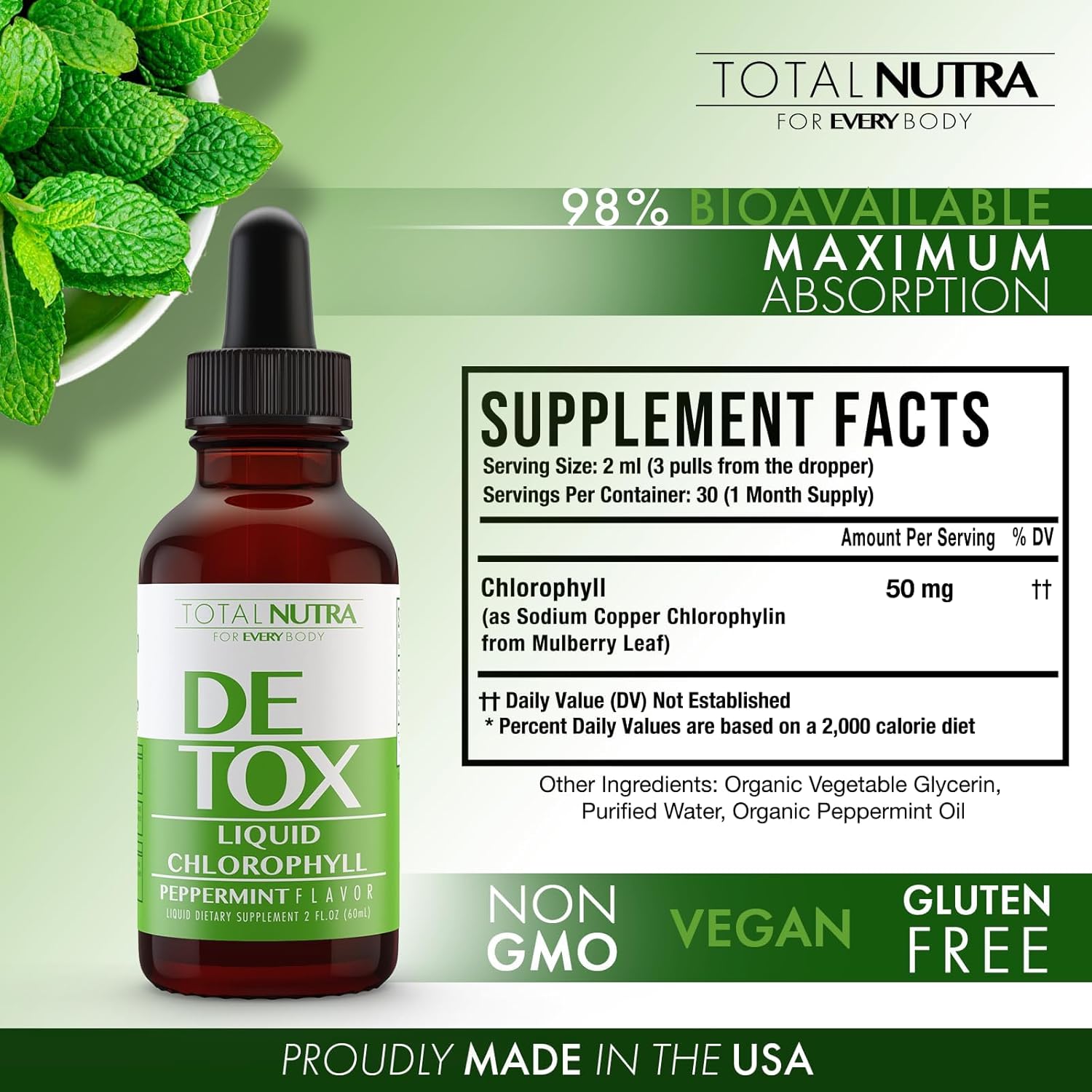 Vegan Liquid Chlorophyll Drops 50mg for Energy Boost, Immune Support, Skin Care - Mint Flavor, Non-GMO, Gluten Free - Total Nutra 4 Pack