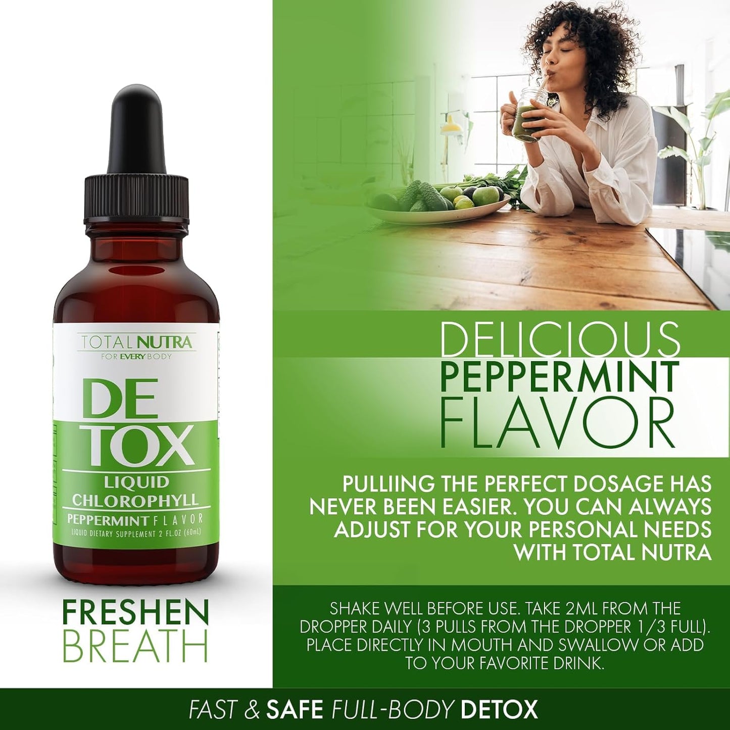 Vegan Liquid Chlorophyll Drops 50mg for Energy Boost, Immune Support, Skin Care - Mint Flavor, Non-GMO, Gluten Free - Total Nutra 4 Pack