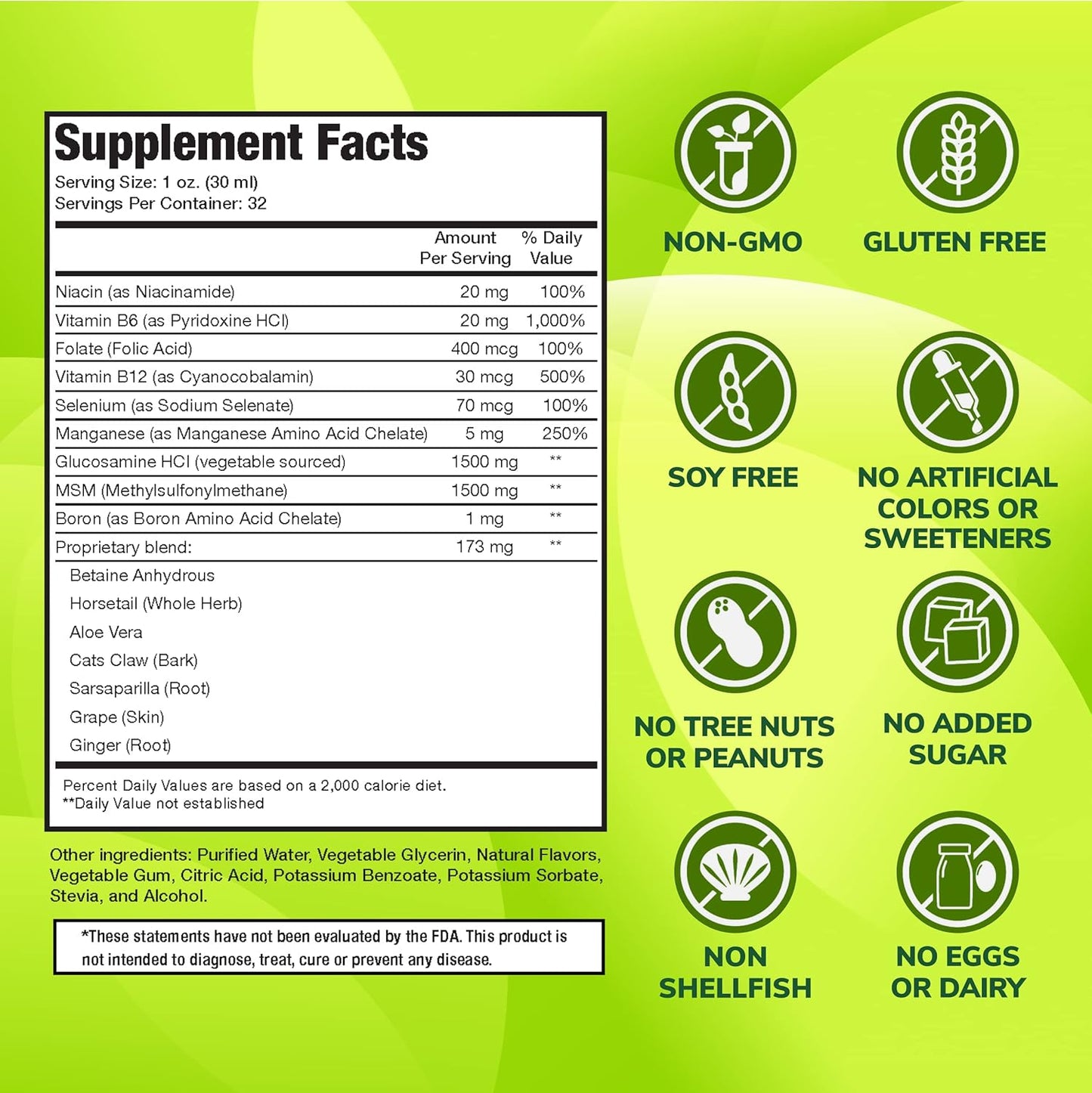 Vegan Liquid Glucosamine MSM Supplement | 1500mg Non-Shellfish Joint Support | GMO-Free | Derived from Vegetables | 32 oz | USA Made