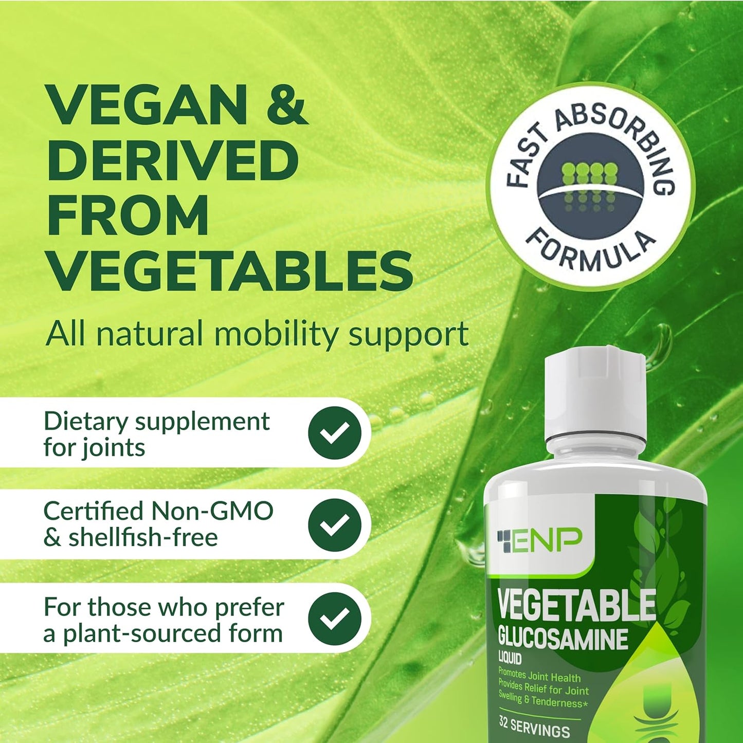 Vegan Liquid Glucosamine MSM Supplement | 1500mg Non-Shellfish Joint Support | GMO-Free | Derived from Vegetables | 32 oz | USA Made