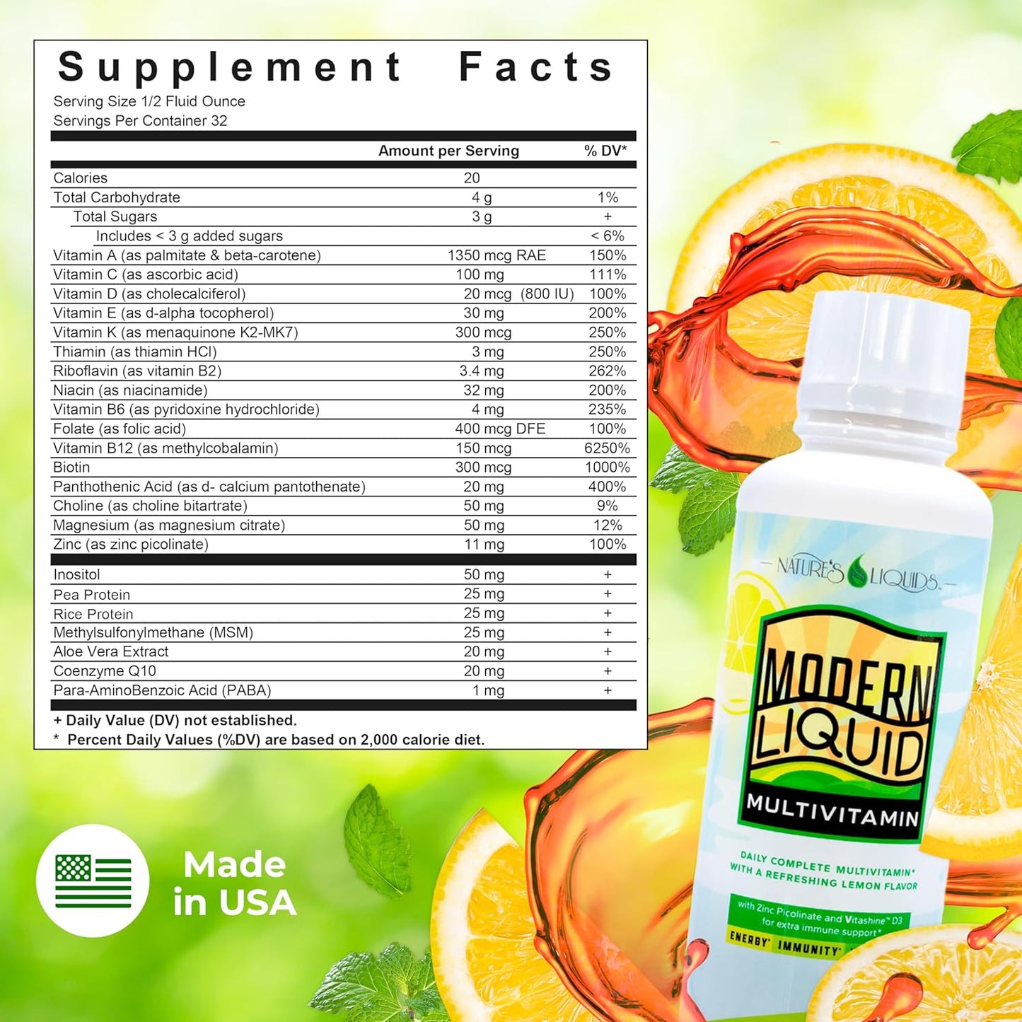 Vegan Liquid Multivitamin for Men and Women - Immunity, Energy, Wellness - Natural Citrus Flavor