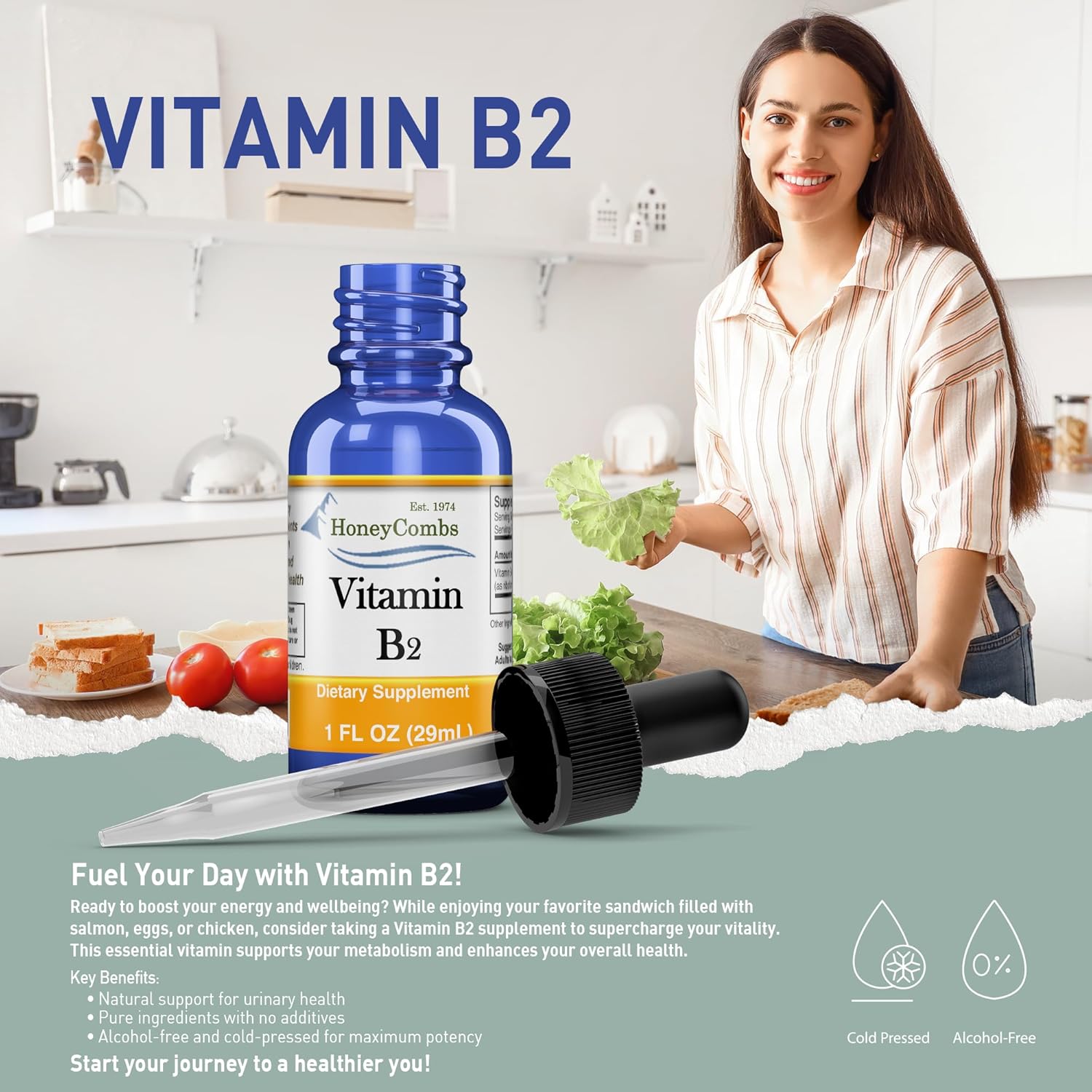 Vegan Liquid Vitamin B1 & B2 Drops for Health, Digestion, Hair, Skin & Nails - Non-GMO & Alcohol-Free