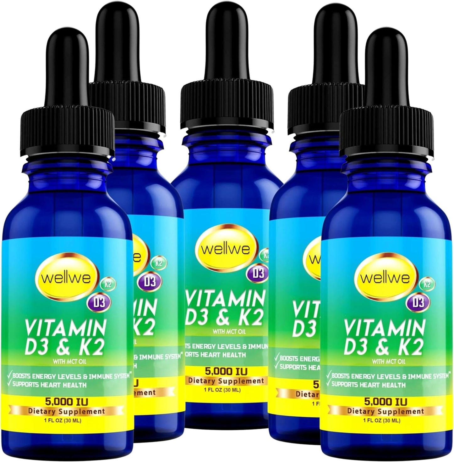 Vegan Liquid Vitamin D3 K2 Drops 5000 IU - Soy, Gluten, Non-GMO - Boosts Energy & Immune System - Heart Health Support - 1000 IU per Drop - No Taste or Odor - 5 Pack