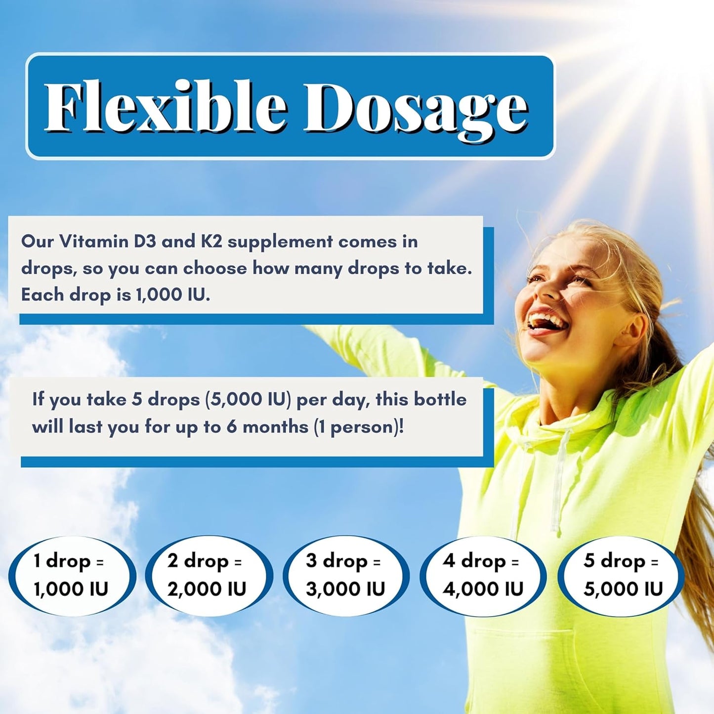 Vegan Liquid Vitamin D3 K2 Drops 5000 IU - Soy, Gluten, Non-GMO - Boosts Energy & Immune System - Heart Health Support - 1000 IU per Drop - No Taste or Odor - 5 Pack
