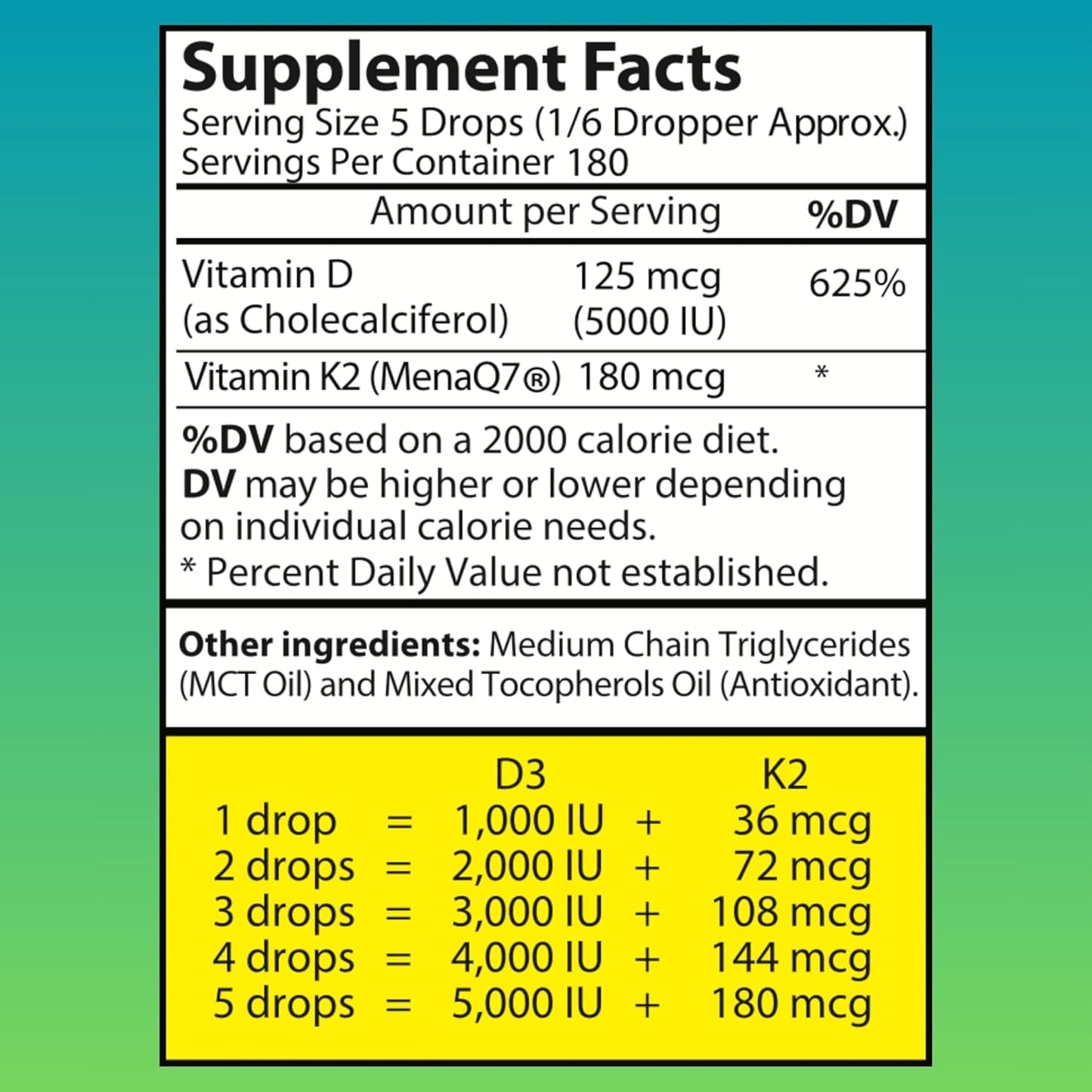 Vegan Liquid Vitamin D3 K2 Drops 5000 IU - Soy, Gluten, Non-GMO - Boosts Energy & Immune System - Heart Health Support - 1000 IU per Drop - No Taste or Odor - 5 Pack
