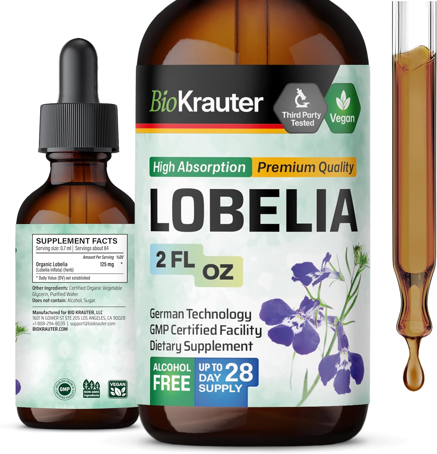 Vegan Lobelia Extract Tincture for Respiratory Support - Alcohol & Sugar Free - 2 Fl.Oz.