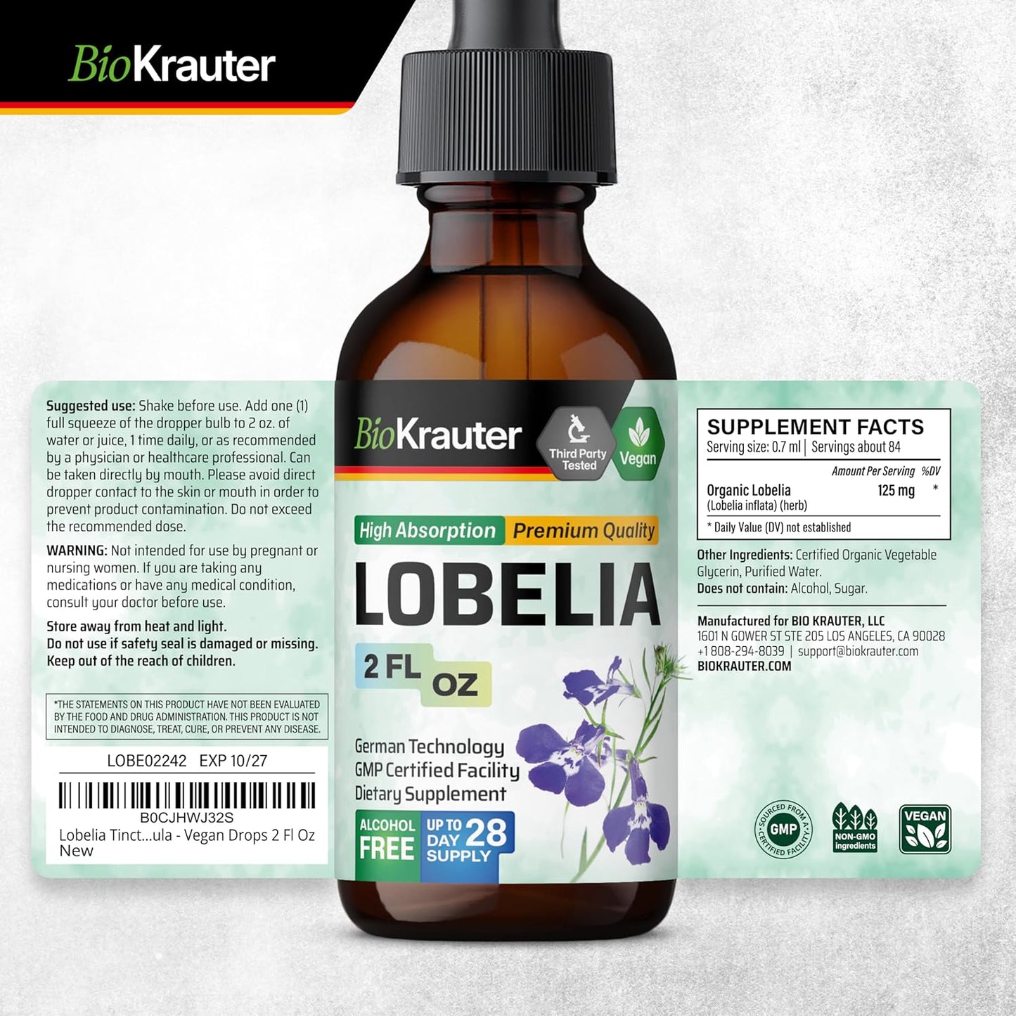 Vegan Lobelia Extract Tincture for Respiratory Support - Alcohol & Sugar Free - 2 Fl.Oz.