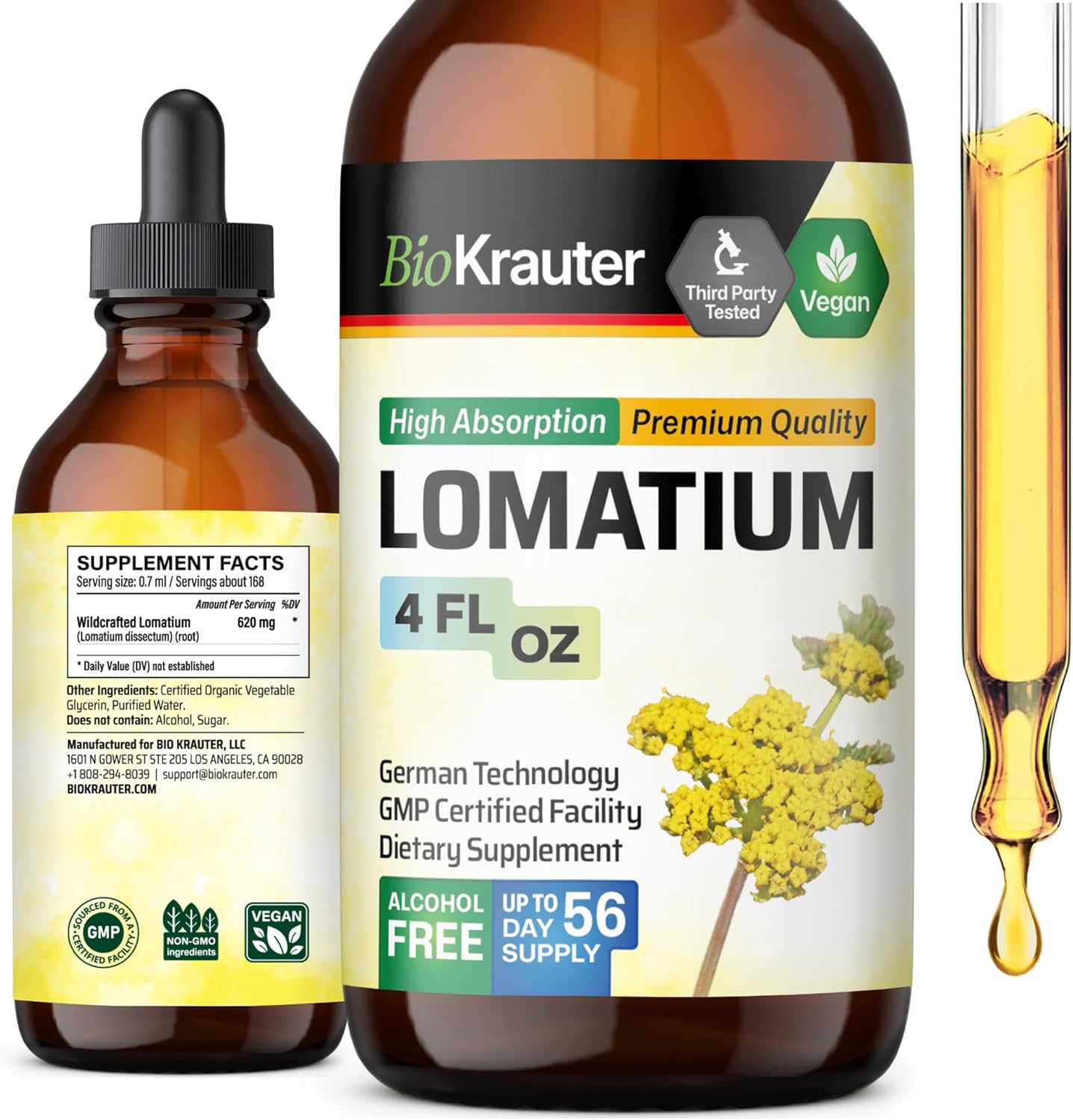 Vegan Lomatium Root Tincture for Immune & Lung Support - Alcohol & Sugar Free - 4 Fl.Oz.