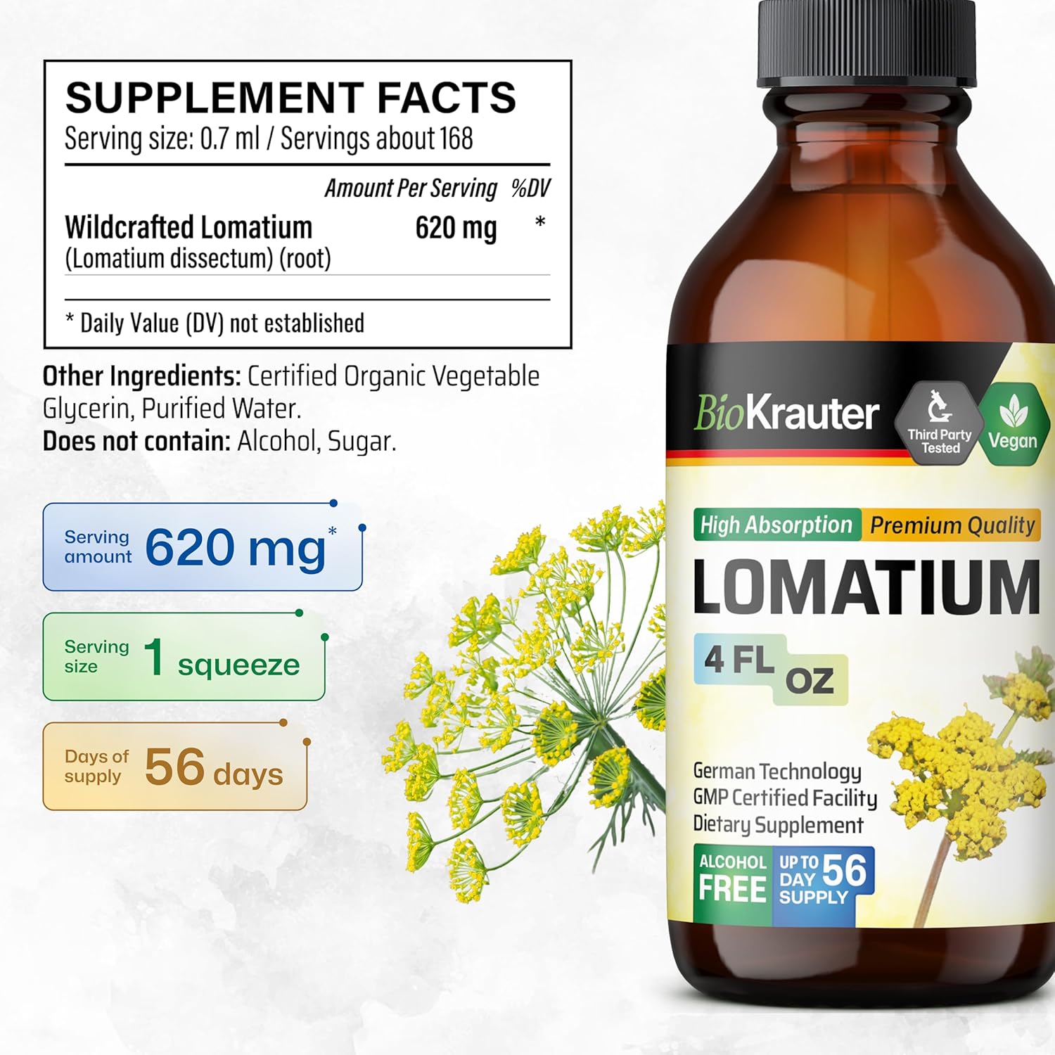 Vegan Lomatium Root Tincture for Immune & Lung Support - Alcohol & Sugar Free - 4 Fl.Oz.