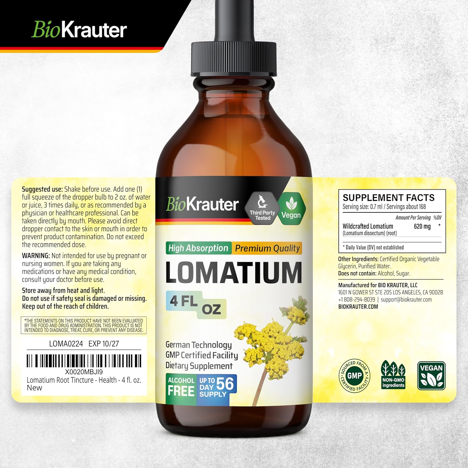 Vegan Lomatium Root Tincture for Immune & Lung Support - Alcohol & Sugar Free - 4 Fl.Oz.