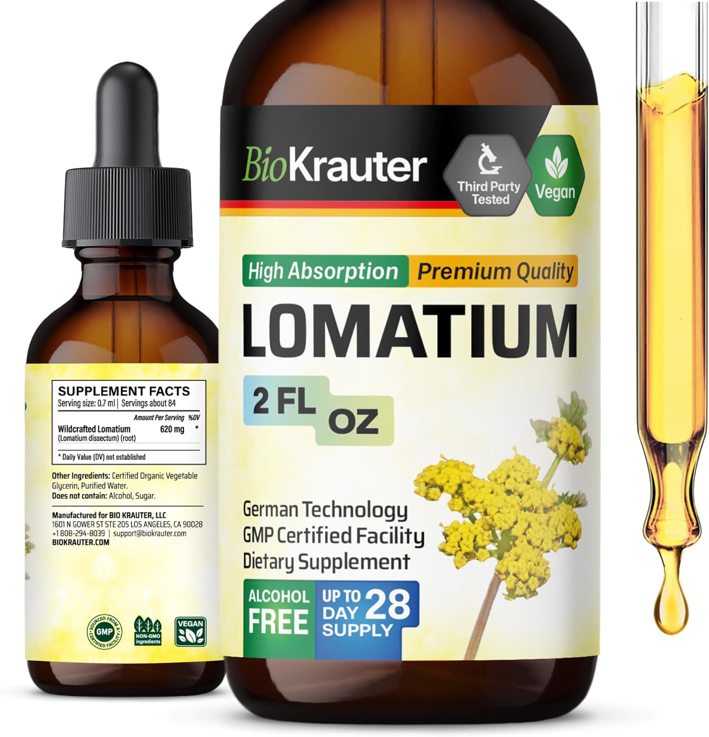 Vegan Lomatium Root Tincture for Respiratory Support - Alcohol & Sugar Free Liquid Extract - 2 Fl.Oz.