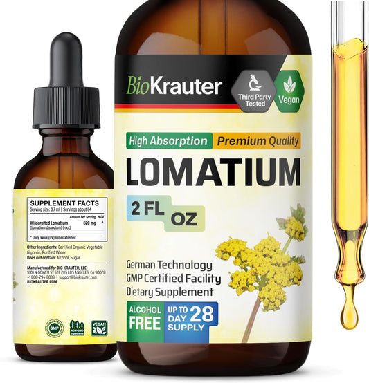 Vegan Lomatium Root Tincture for Respiratory Support - Alcohol & Sugar Free Liquid Extract - 2 Fl.Oz.