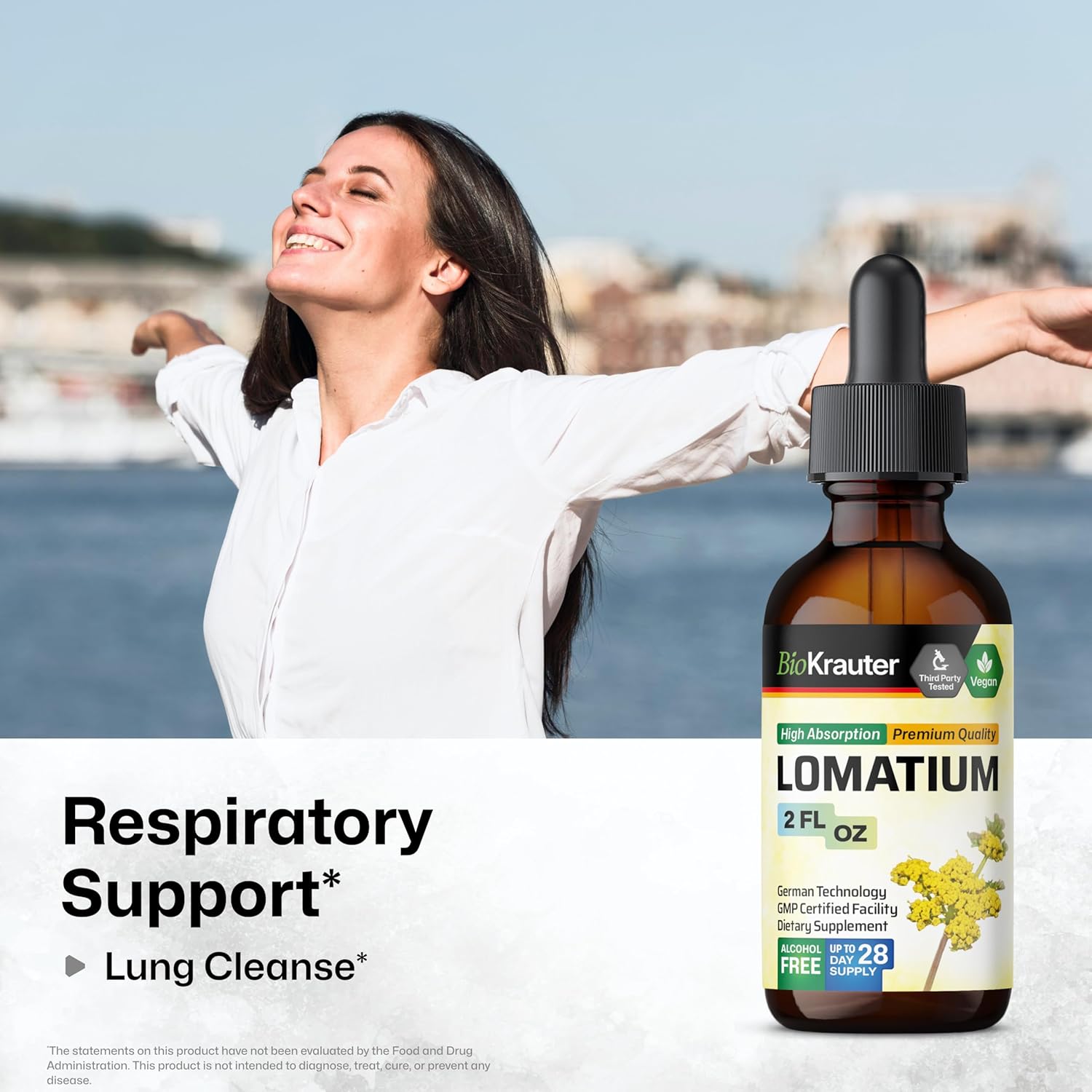 Vegan Lomatium Root Tincture for Respiratory Support - Alcohol & Sugar Free Liquid Extract - 2 Fl.Oz.