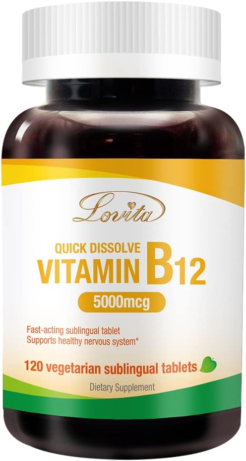 Vegan Lovita B12 Vitamins 5000 mcg - Quick Dissolve Sublingual Tablets for Energy & Nervous System Support, Non-GMO - 120 Count