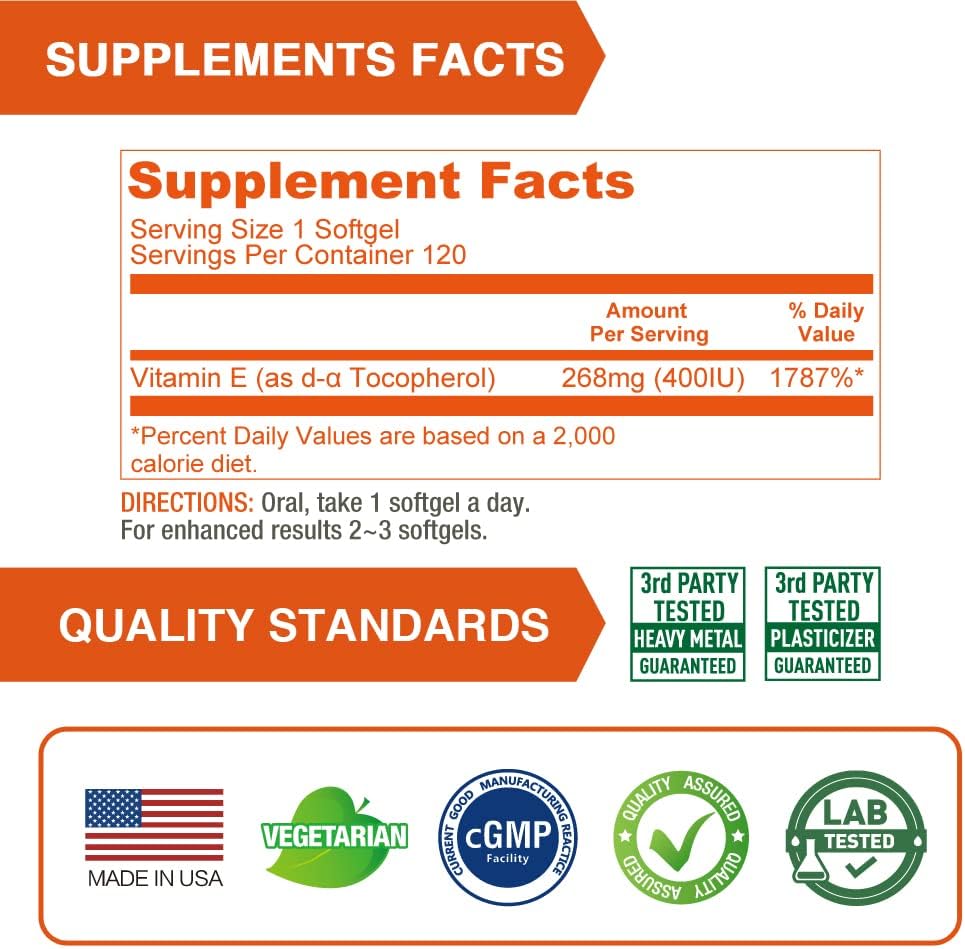 Vegan Lovita Vitamin E Softgels 400 IU - Natural Skin, Hair, Nails, Immune Support - 360 Vegetarian Softgels