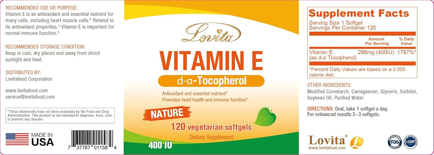 Vegan Lovita Vitamin E Softgels 400 IU - Natural Skin, Hair, Nails, Immune Support - 360 Vegetarian Softgels