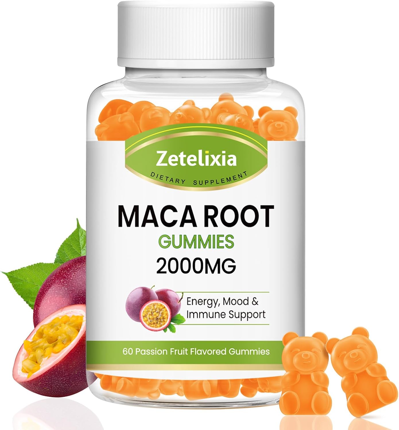 Vegan Maca Root Gummies for Women and Men with Yellow, Red, and Black Maca - Superior Absorption, Passion Fruit Flavor, 120 Gummies