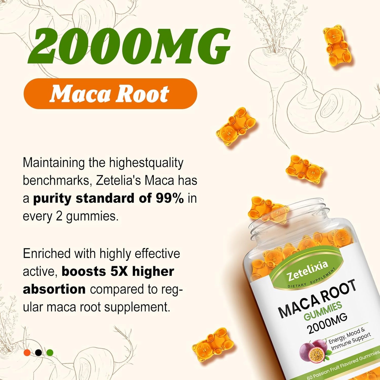 Vegan Maca Root Gummies for Women and Men with Yellow, Red, and Black Maca - Superior Absorption, Passion Fruit Flavor, 120 Gummies