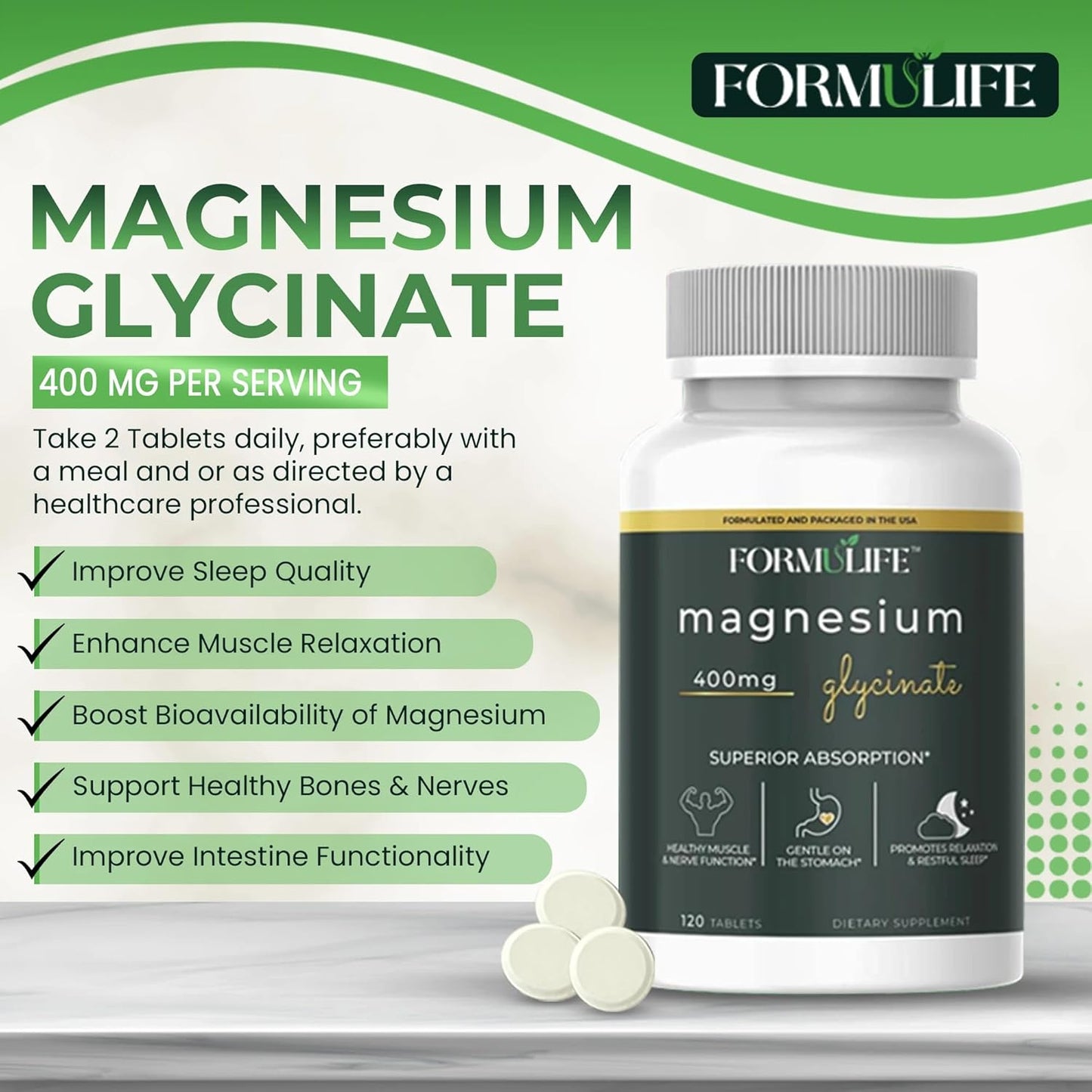 Vegan Magnesium Bisglycinate 400mg Supplement Tablets - Supports Stress Relief, Calm, Cramps, Sleep, Nerve Function - Non-GMO, USA Made - 120 Count